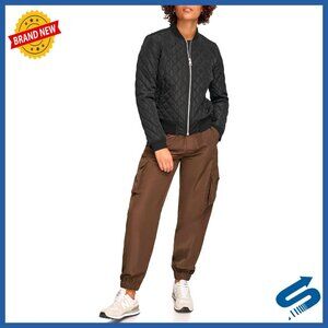 Diamond Quilted Bomber Jacket with Front Pockets, Sherpa-Lined